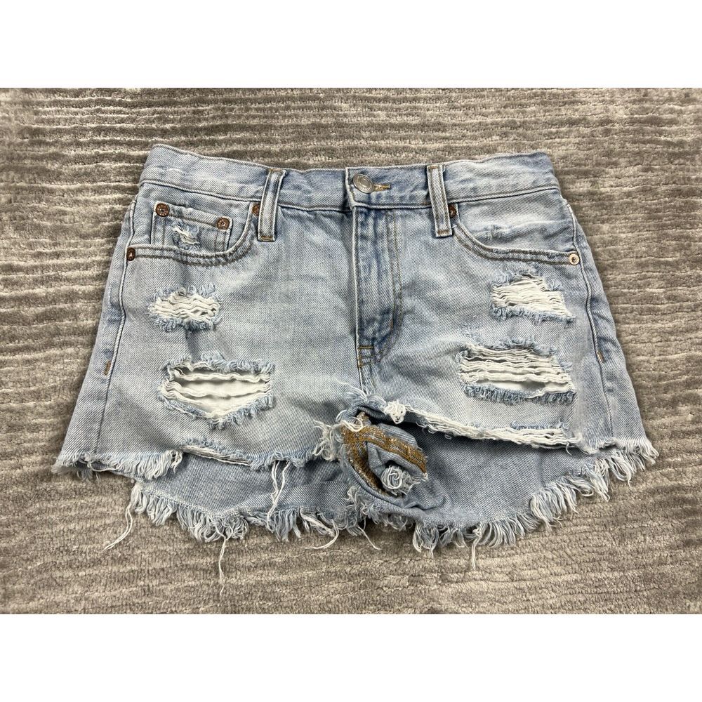 Aeropostale Shorts Womens 0 Blue Distressed High Rise Shorty Light Wash